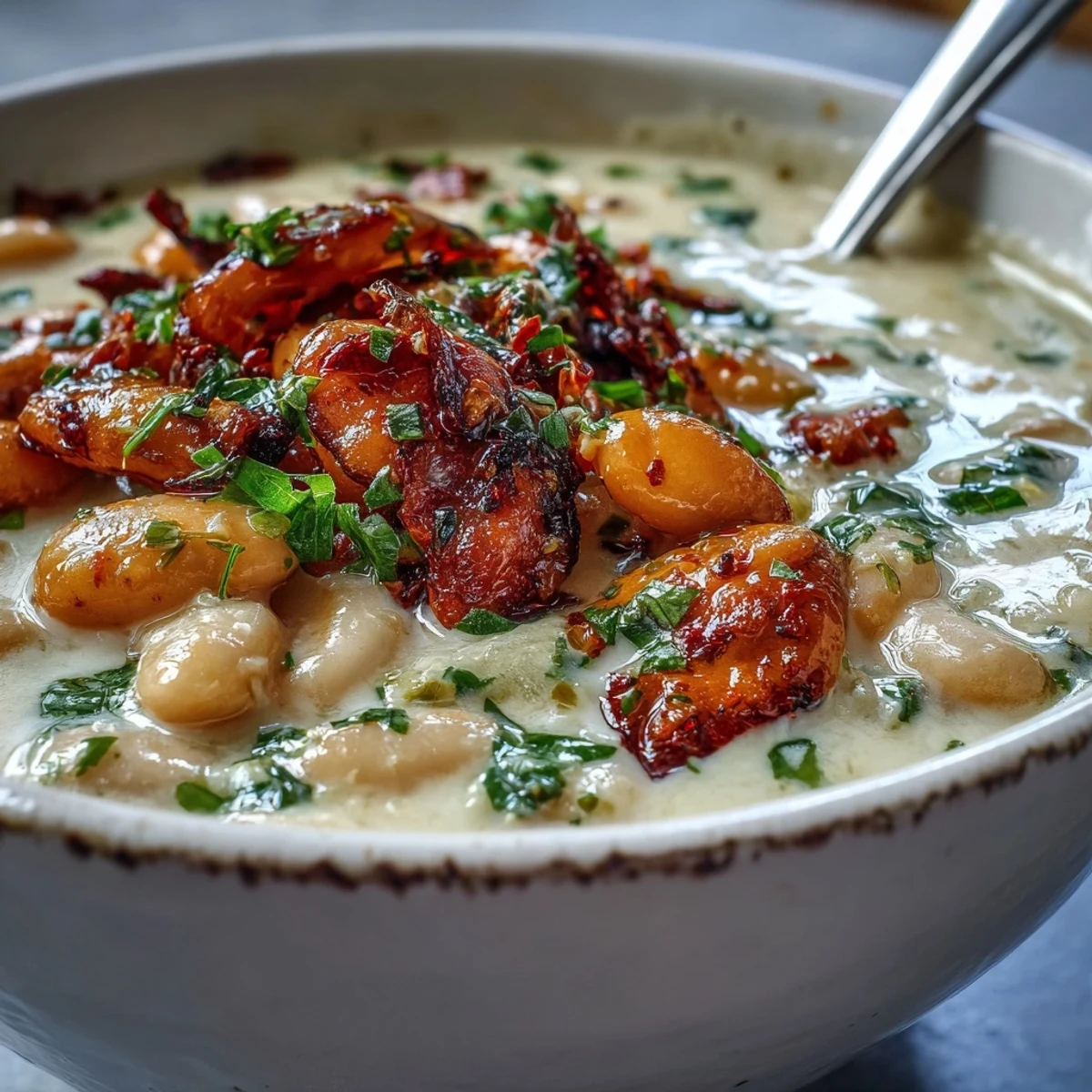 Creamy Tuscan White Bean Soup ladled into a white bowl, topped with fresh basil, grated Parmesan, and a rustic bread slice.