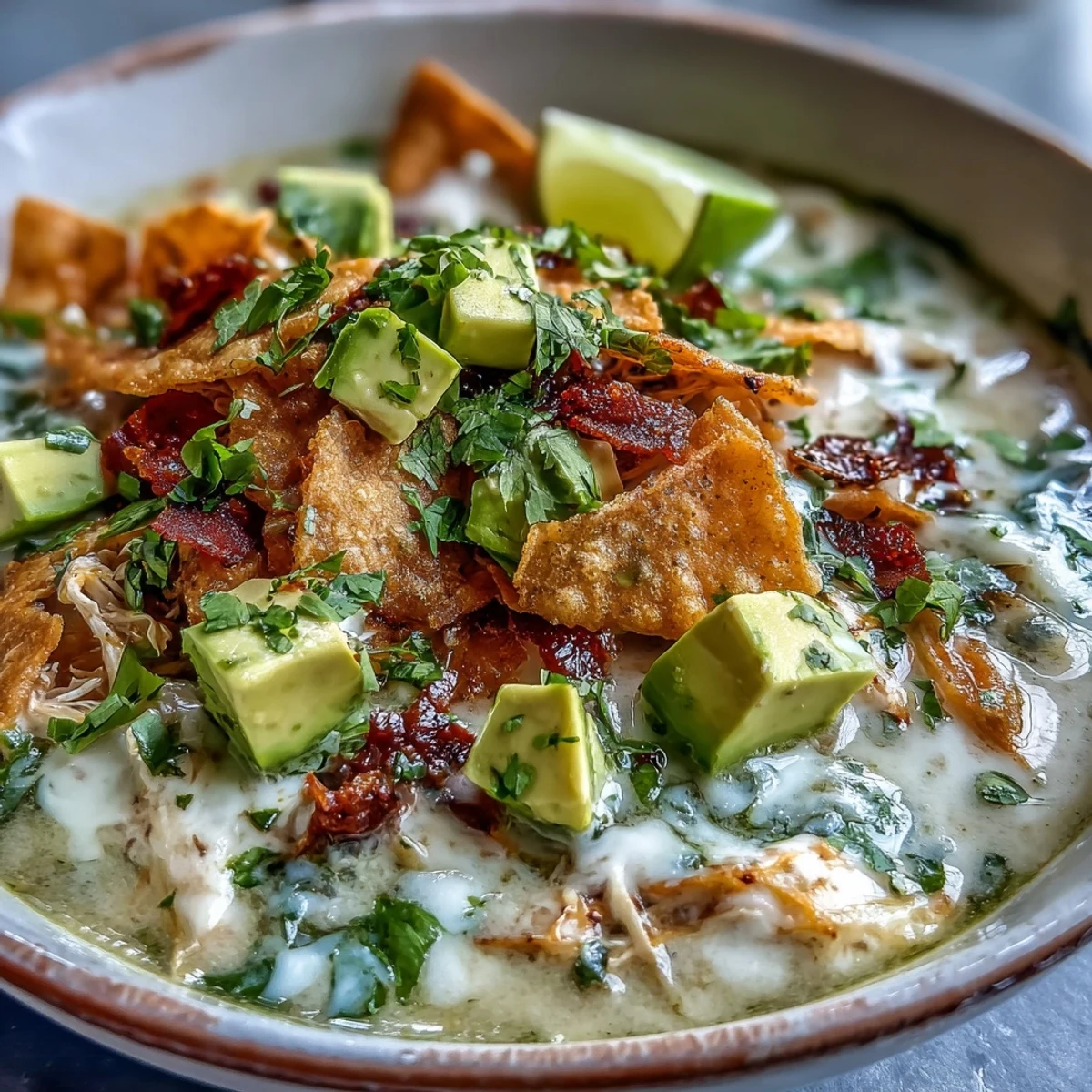 Creamy Chicken Tortilla Soup with shredded chicken, diced avocado, and crispy tortilla chips in a rustic bowl.