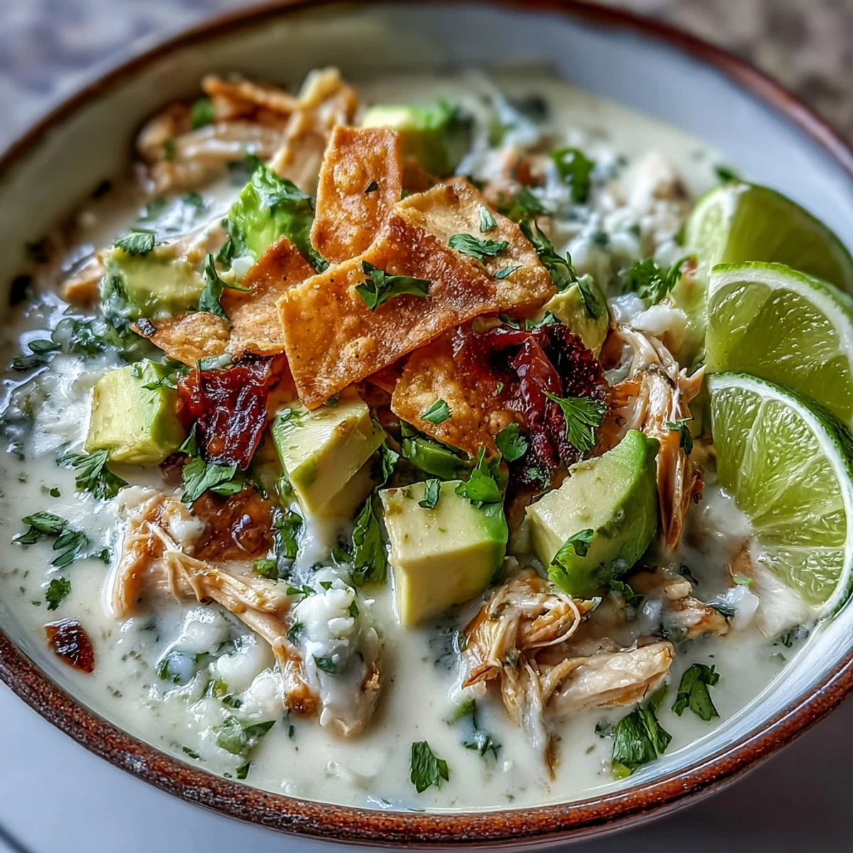 Ladle pouring Creamy Chicken Tortilla Soup into a bowl, topped with crushed tortilla chips and diced avocado.