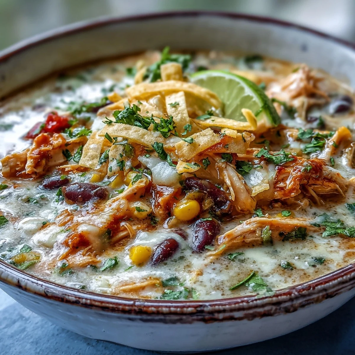 Creamy Easy Chicken Tortilla Soup simmering in a pot with shredded chicken, black beans, and corn, topped with melted cheddar and tortilla strips.