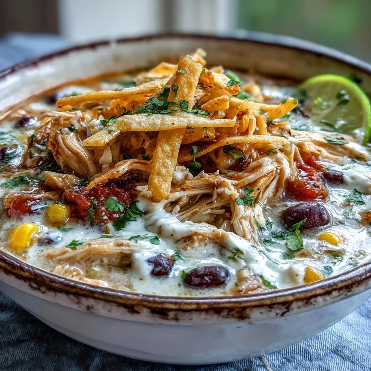 A comforting bowl of Easy Chicken Tortilla Soup garnished with fresh cilantro, lime wedges, and crushed tortilla chips, perfect for a weeknight meal.