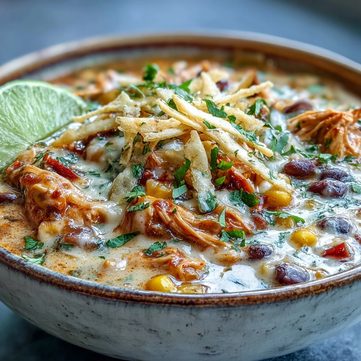 Hearty Tex-Mex Easy Chicken Tortilla Soup in a rustic bowl featuring tender chicken, Rotel tomatoes, and a cheesy finish, ready to serve.