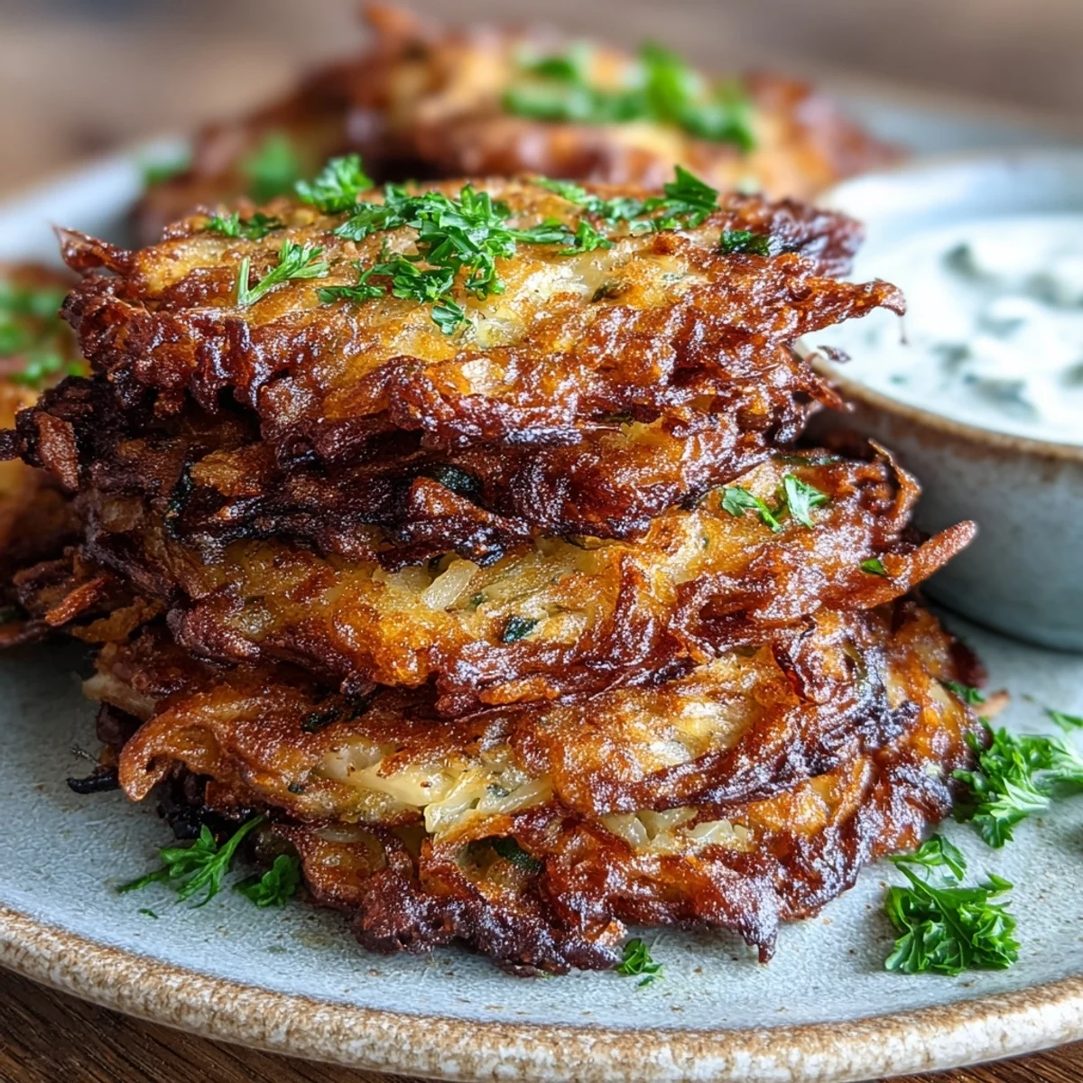 Crispy-edged Cabbage Fritters With Dipping Sauce served on a white plate, garnished with fresh parsley.