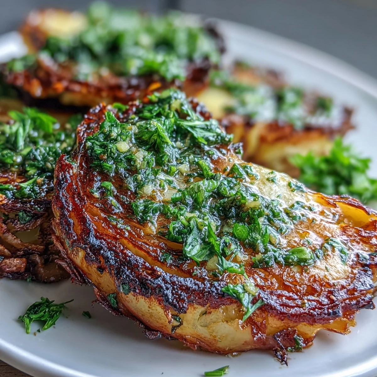 Thick, golden-brown cabbage steaks roasted until caramelized and topped with a bright, herbaceous jalapeño chimichurri sauce.