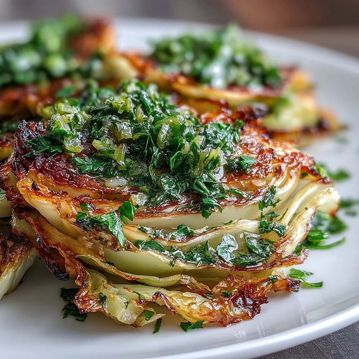 Sizzling roasted cabbage steaks cooling slightly before a drizzle of spicy green jalapeño chimichurri and fresh parsley.