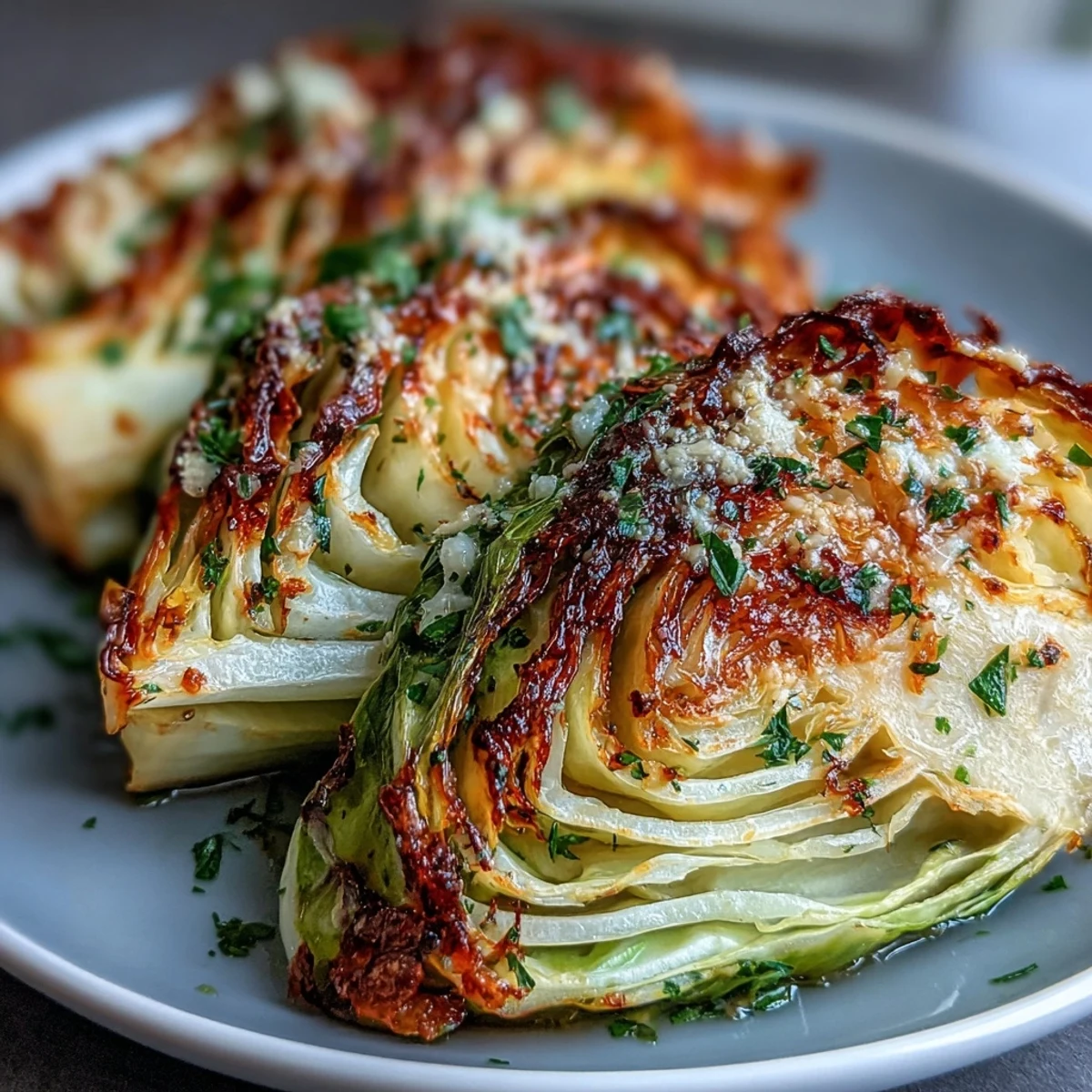 Savory Roasted Garlic Parmesan Cabbage Wedges served hot from the oven alongside grilled chicken for a vegetarian side.