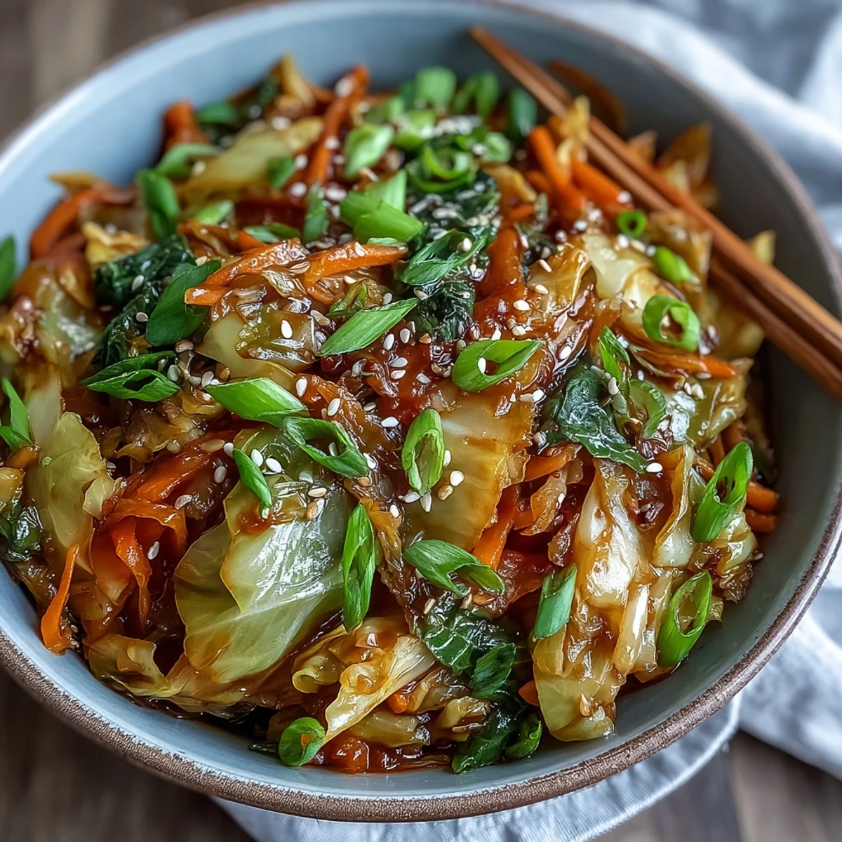 Tossed Hot and Sour Cabbage with bright green cabbage, julienned carrots, and a glossy chili-garlic sauce. The vegetables remain crisp in this vibrant, aromatic Asian-inspired side dish served in a white bowl.