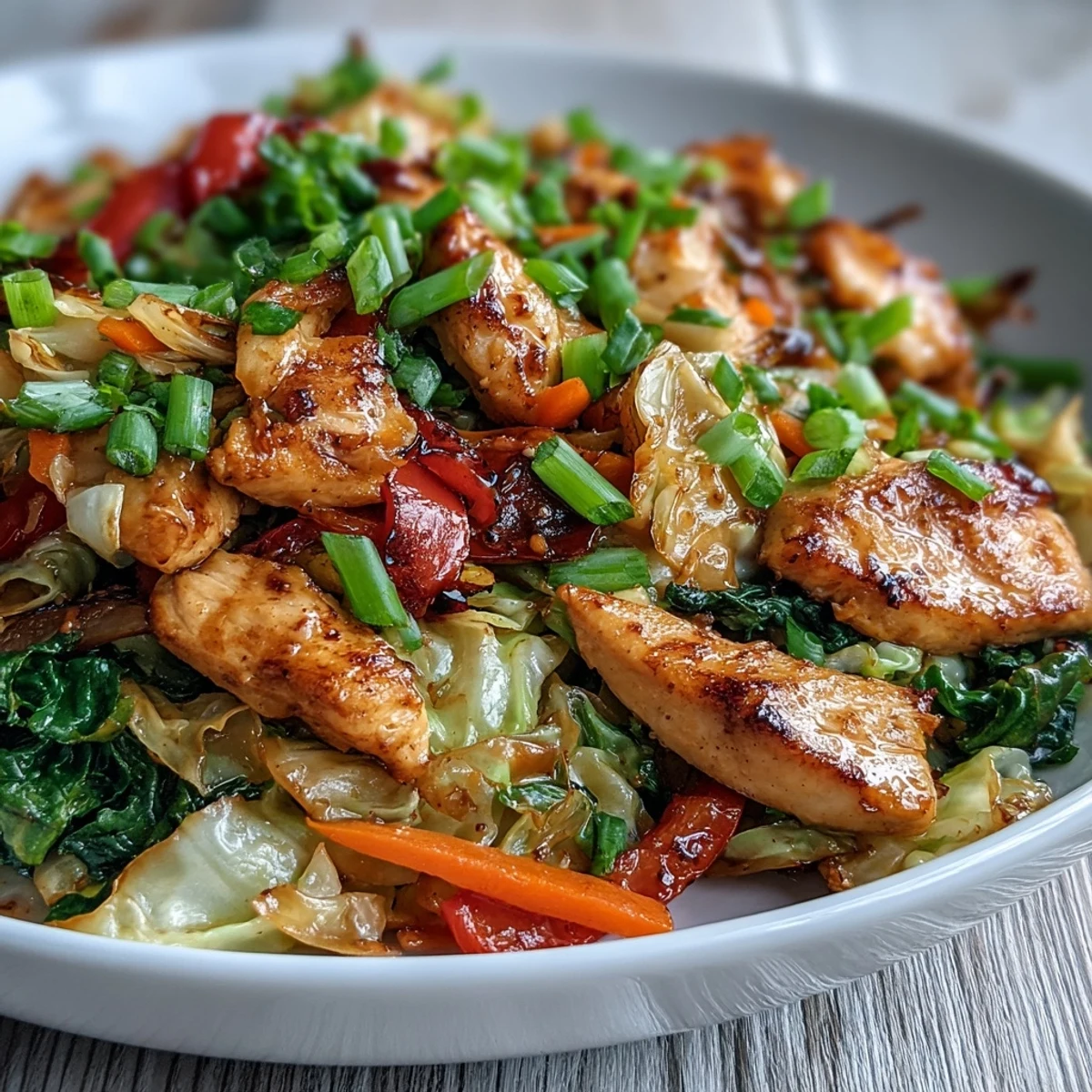 Juicy chicken and crisp cabbage coated in savory sauce in a hot wok for a quick Chicken Cabbage Stir-Fry.
