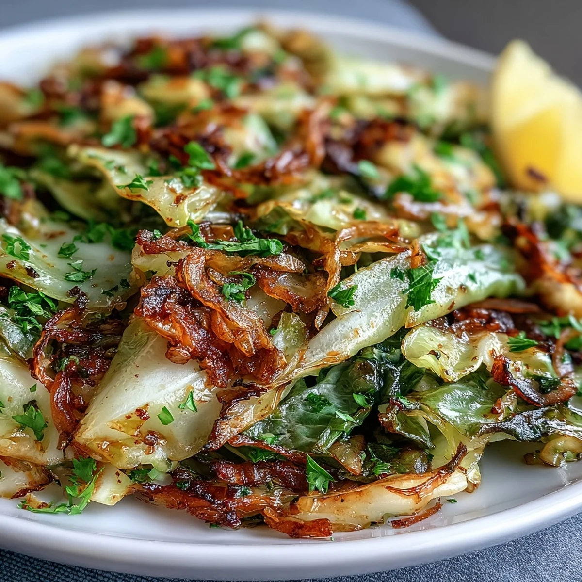 Freshly sautéed cabbage with garlic and Mediterranean spices, glistening with olive oil in a rustic pan.