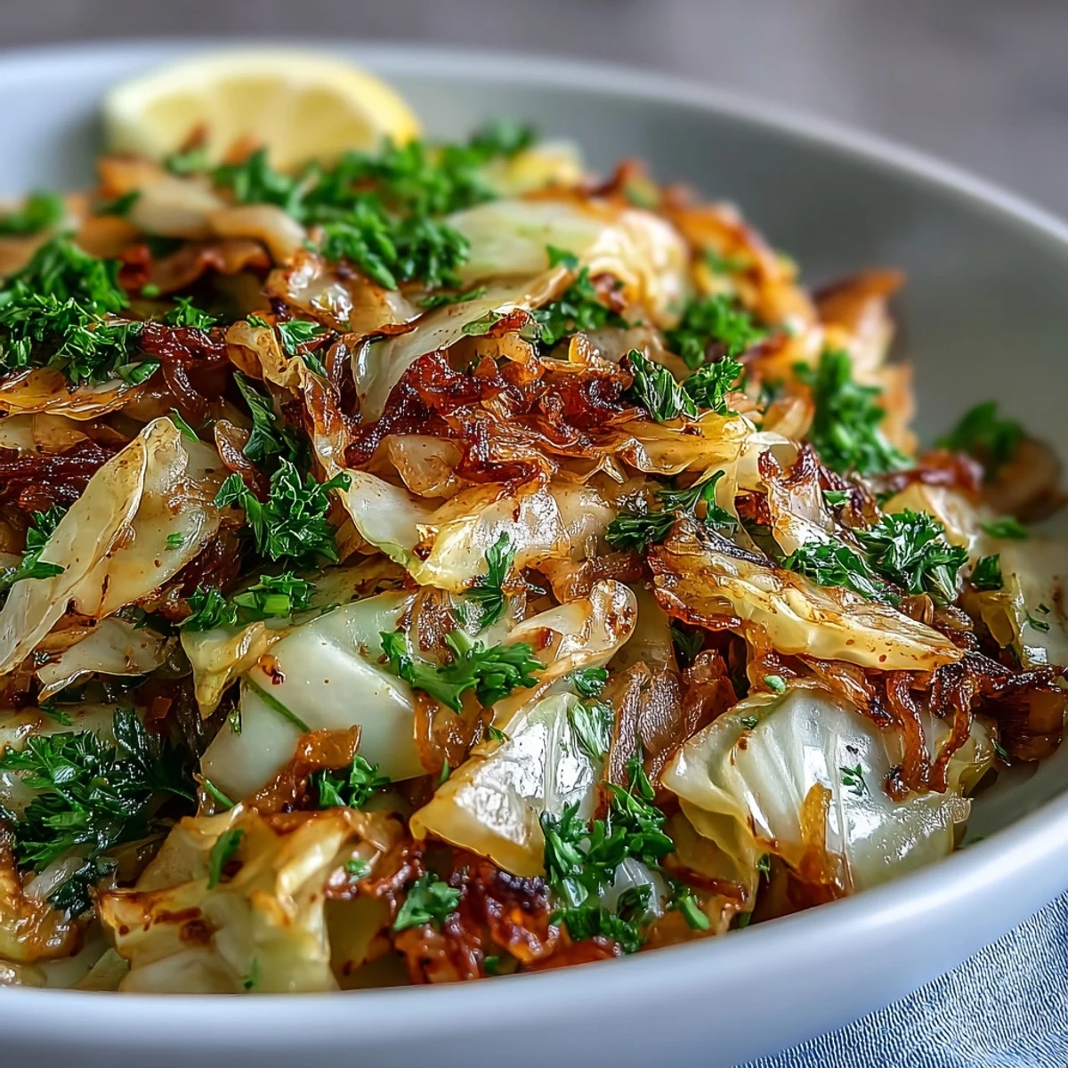 Tender sautéed cabbage with garlic and Mediterranean spices, a golden brown vegan side dish ready to serve.