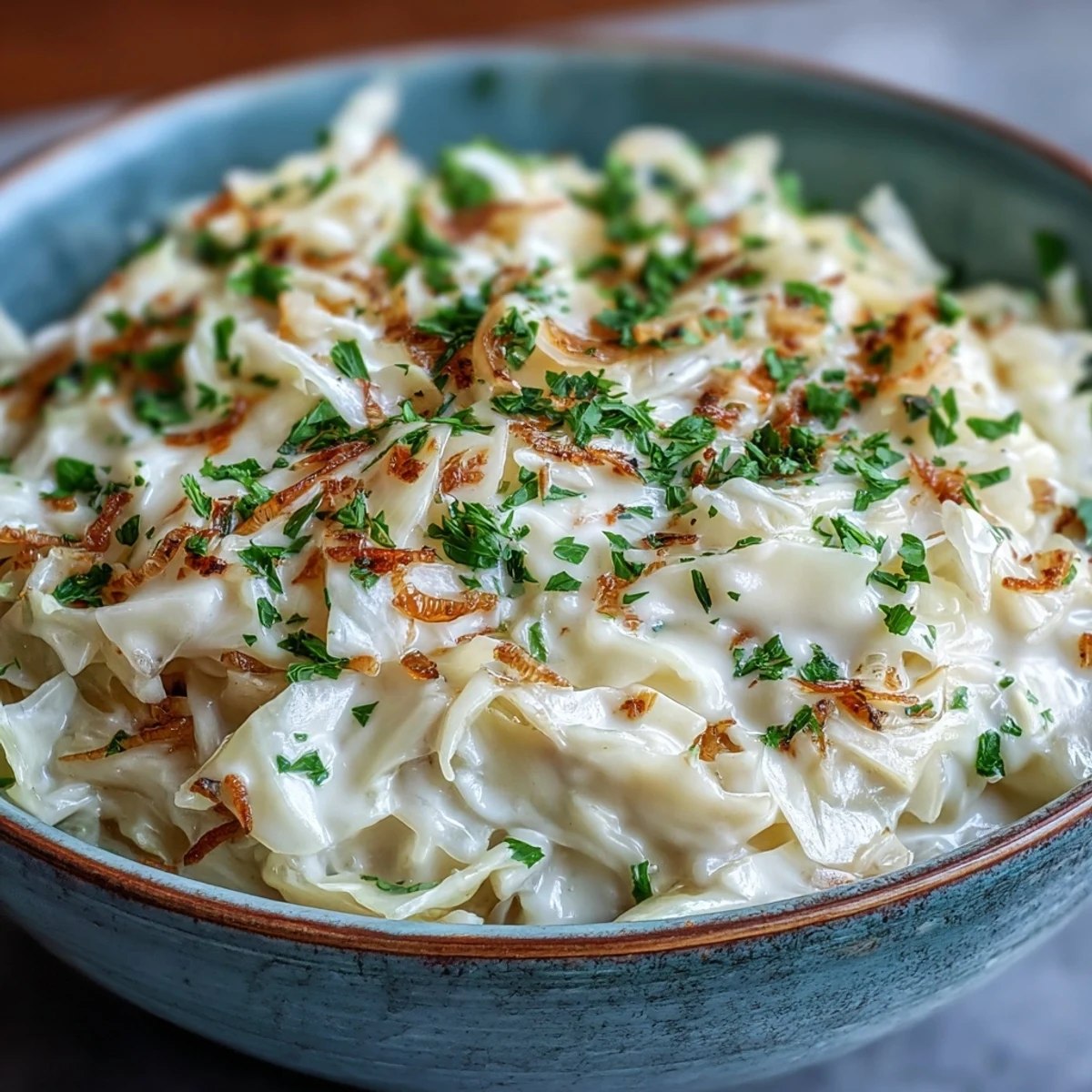 Shredded Creamed Cabbage in a skillet with a light creamy sauce, a delicious gluten-free side for weeknight dinners.