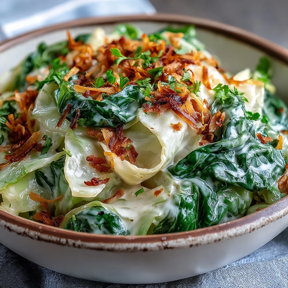 Coconut Braised Cabbage simmered in creamy coconut milk, served as a warm side dish with fluffy rice.