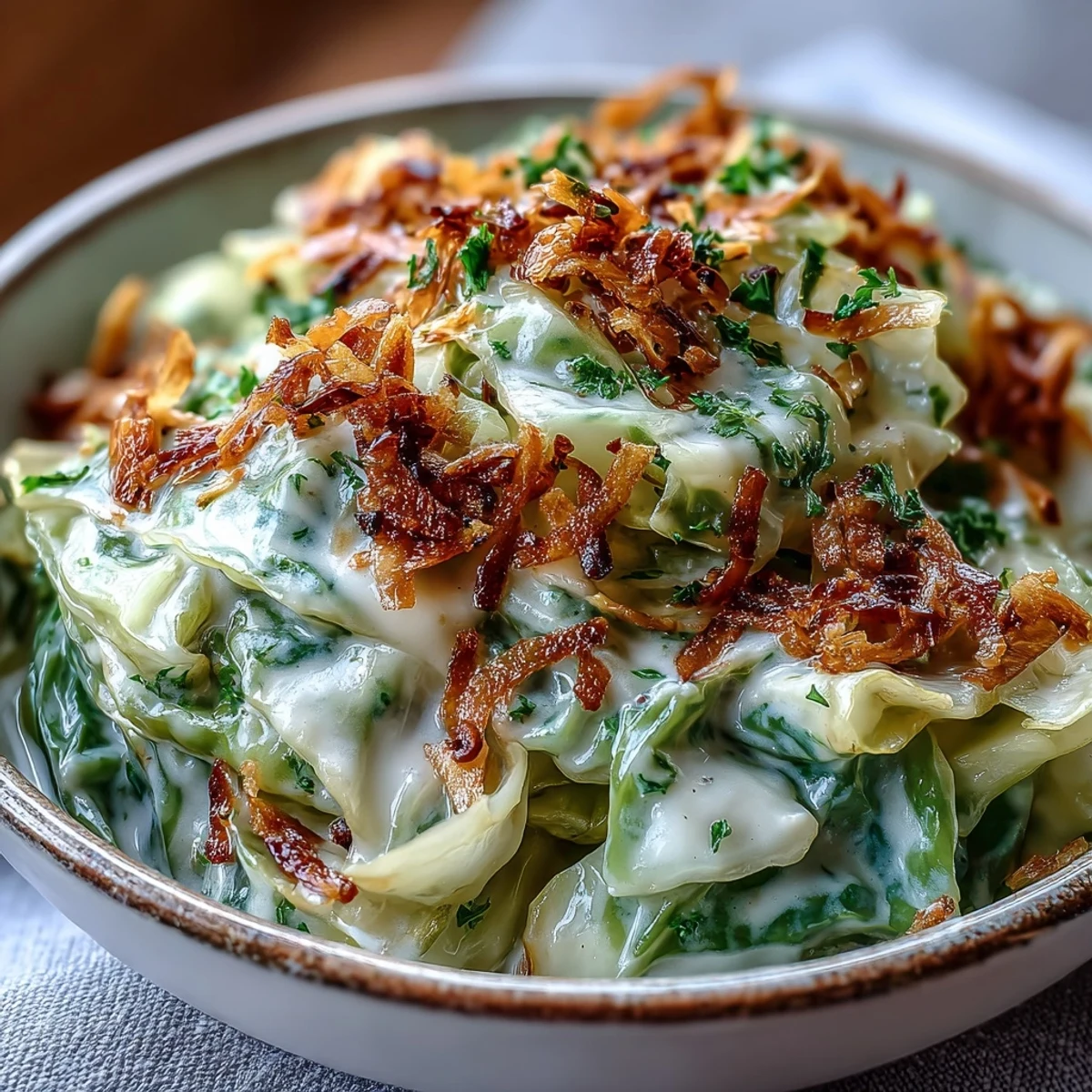 Tender braised cabbage tossed with warm spices and cilantro, in a rustic serving bowl.