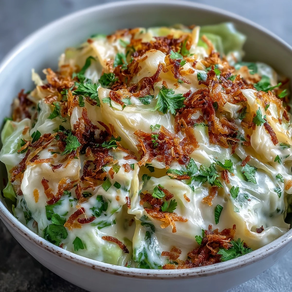 A skillet of fragrant Coconut Braised Cabbage with golden turmeric tones, garnished with toasted coconut.