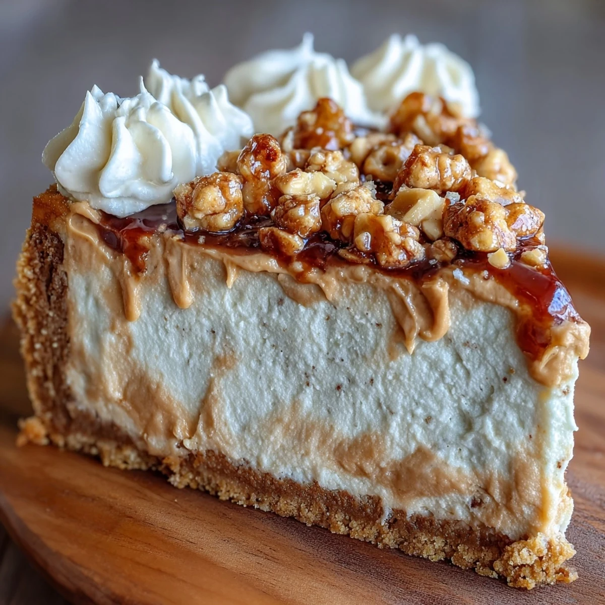 Smooth peanut butter swirls and whipped cream top a rich Nutter Butter Cheesecake, ready to serve.