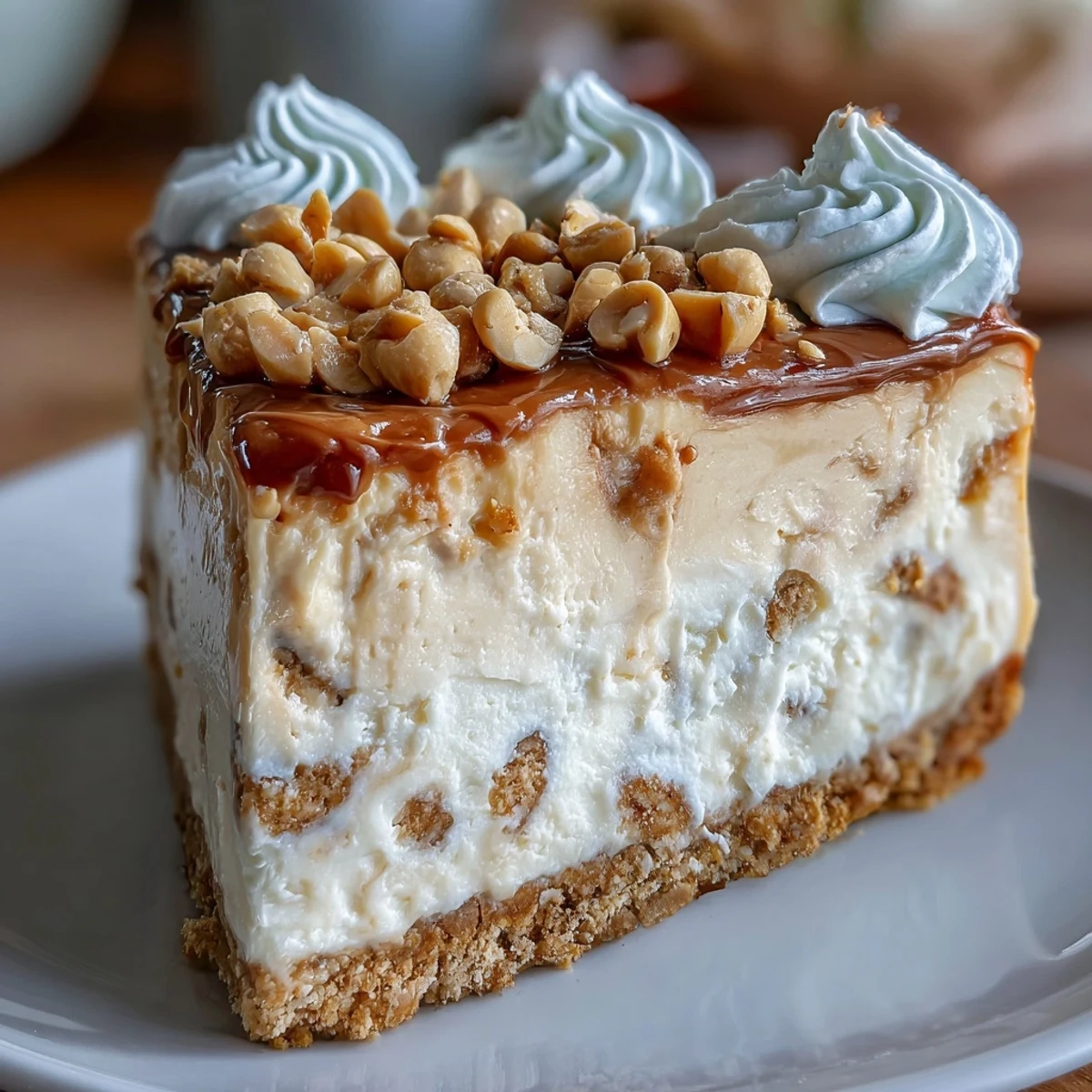 Golden Nutter Butter Cheesecake with chopped peanut garnish, sliced and plated for a crowd.