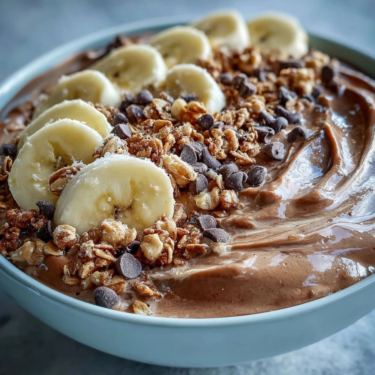Vibrant Chunky Monkey Smoothie Bowls in a breakfast scene, featuring a glass of milk and scattered banana slices.