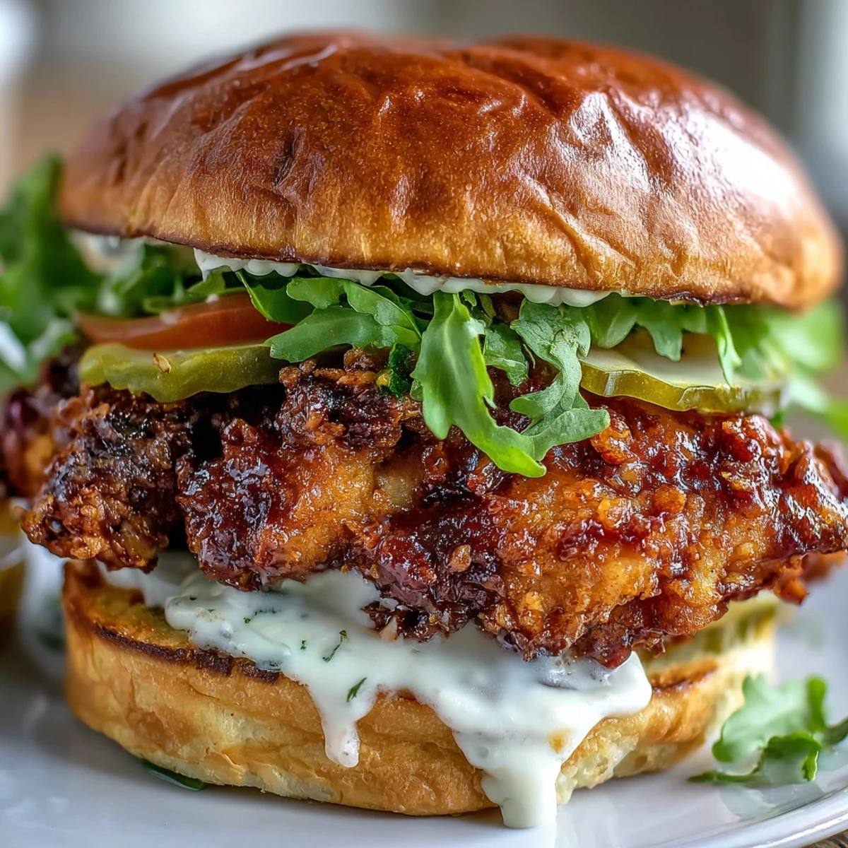 Golden-brown, ultra-crispy fried chicken piled on a toasted brioche bun with fresh lettuce and pickles.