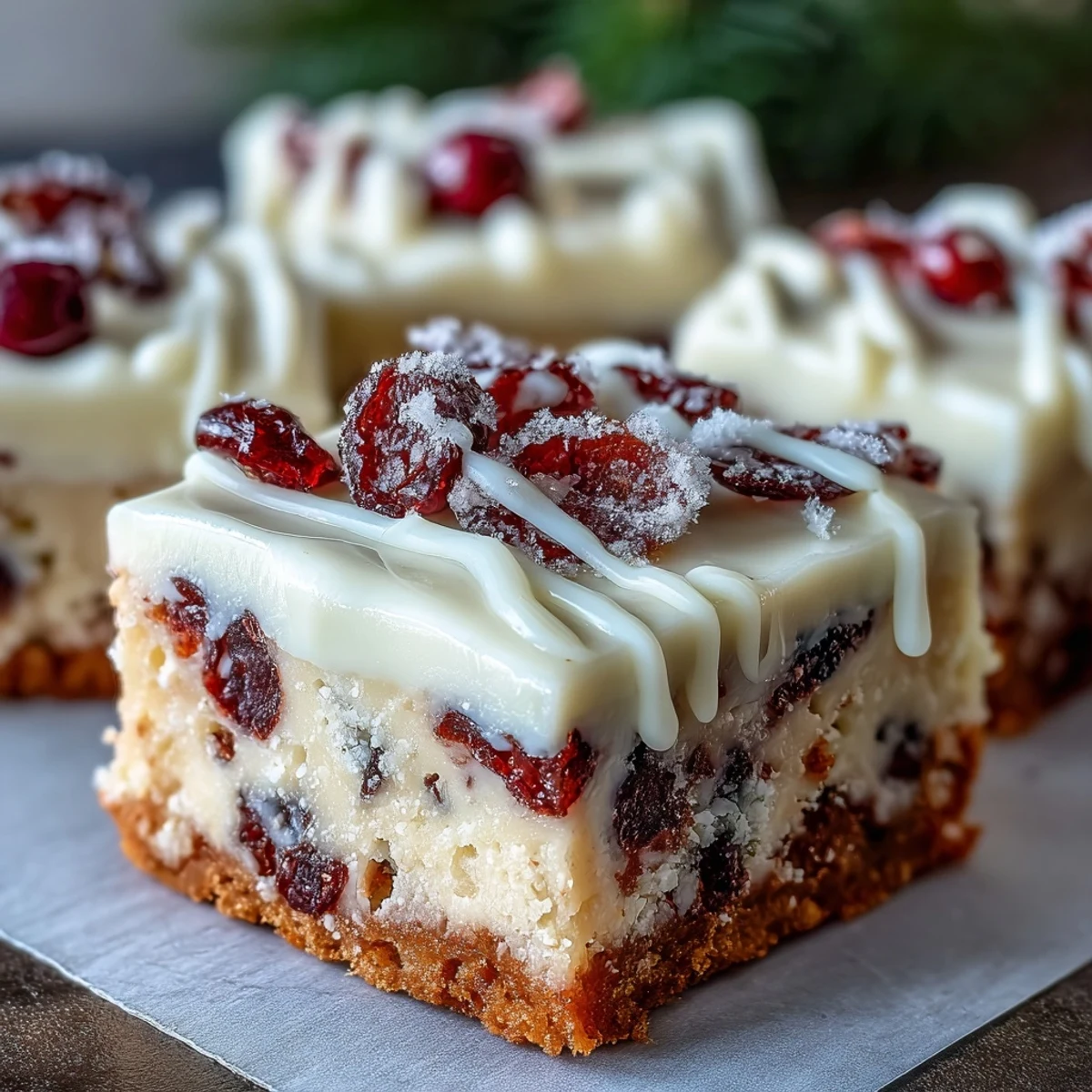 A close-up of a Cranberry Bliss bar with creamy orange frosting and a delicate white chocolate drizzle.