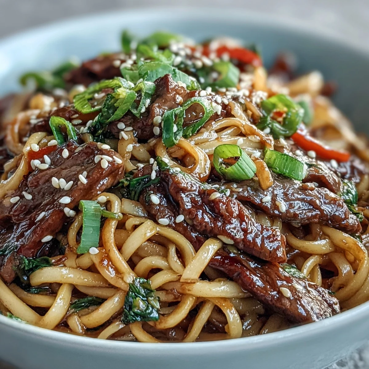Sizzling flank steak, broccoli, and bell peppers tossed with silky rice noodles in a glossy sauce make this Korean Beef Noodles a vibrant, savory bowl.
