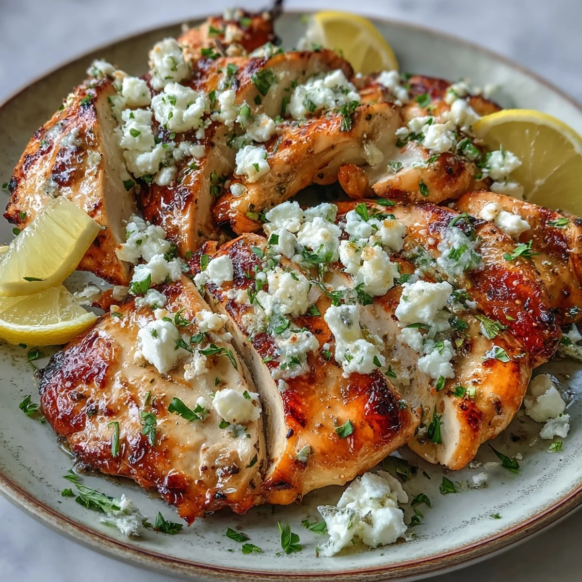 Juicy sliced Greek Chicken with Lemon and Feta on a rustic board, ready for a healthy dinner.