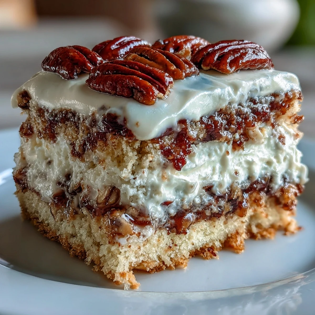 Freshly baked Butter Pecan Tres Leches Cake with sweetened condensed milk soaked into the fluffy base, ready for dessert.