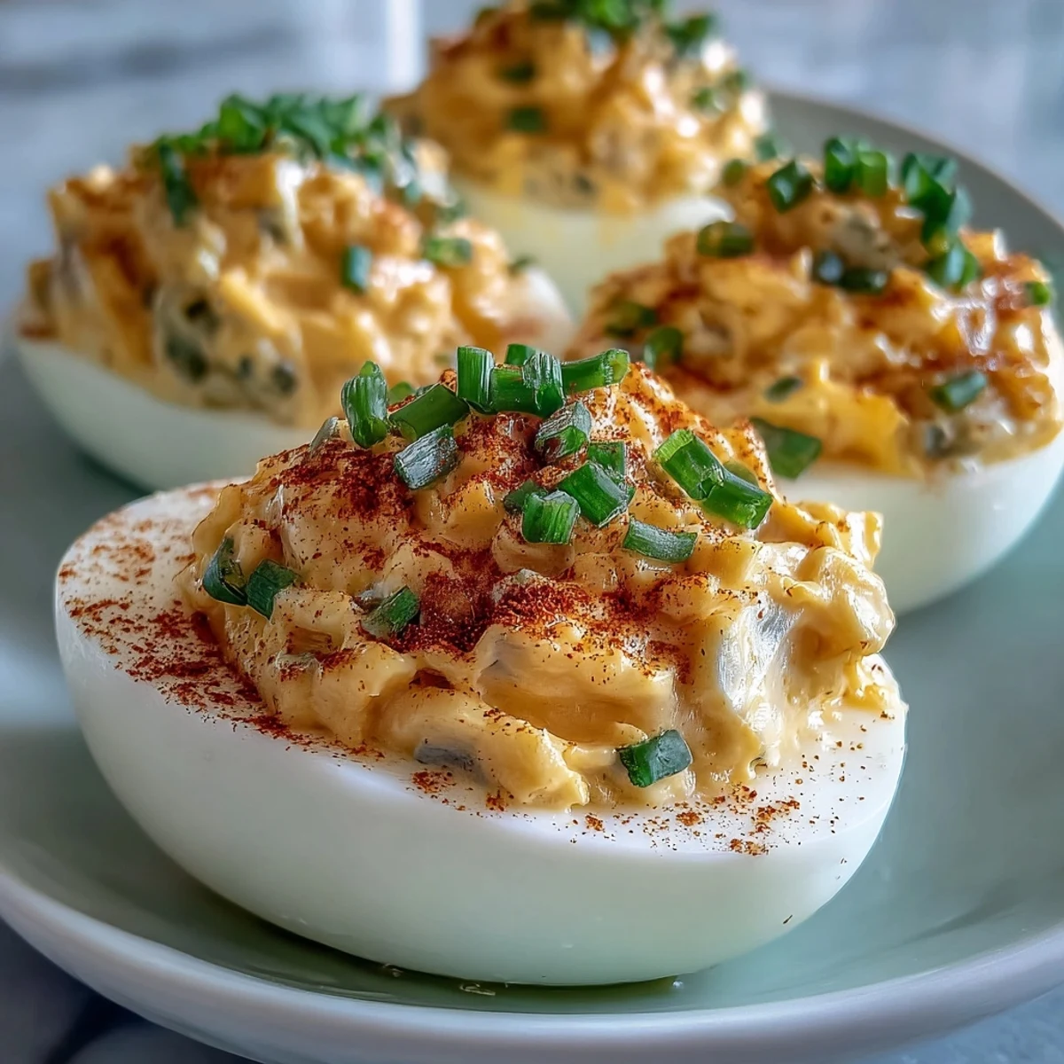 Golden paprika dusts these delectable Million Dollar Deviled Eggs, showcasing the smooth, tangy filling nestled in crisp egg whites on a serving board.