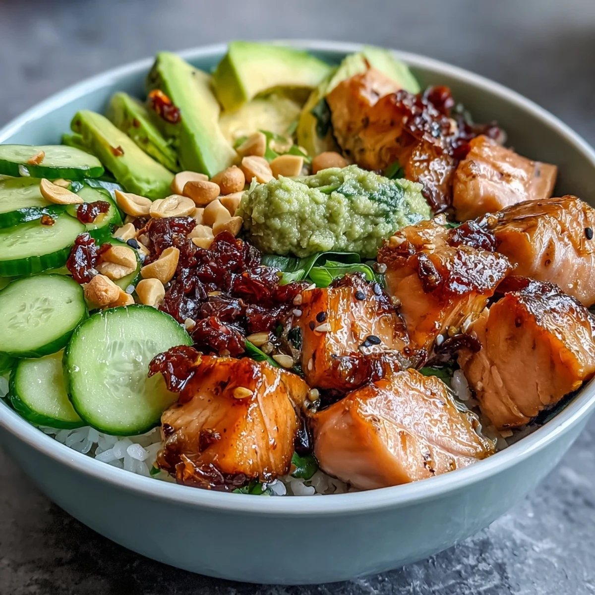 Avocado Salmon Bowl topped with chili oil, creamy avocado slices, and crunchy peanuts over warm sushi rice.