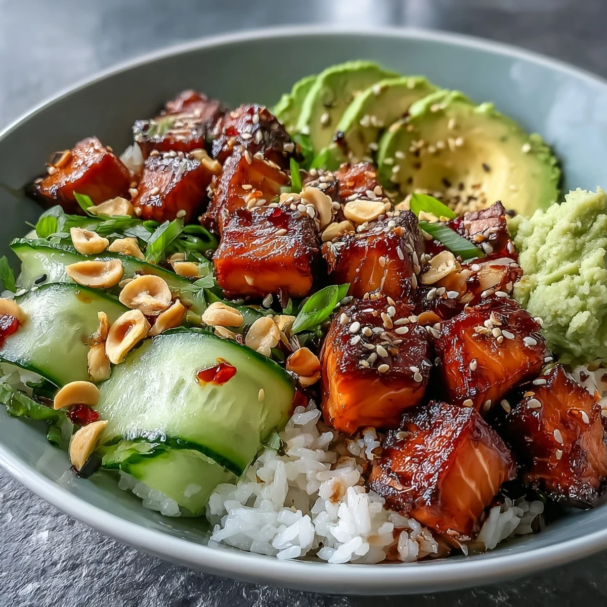 Fusion Avocado Salmon Bowl with zesty wasabi, tamari-glazed salmon, and fresh cucumber, spring onions, and sesame seeds.