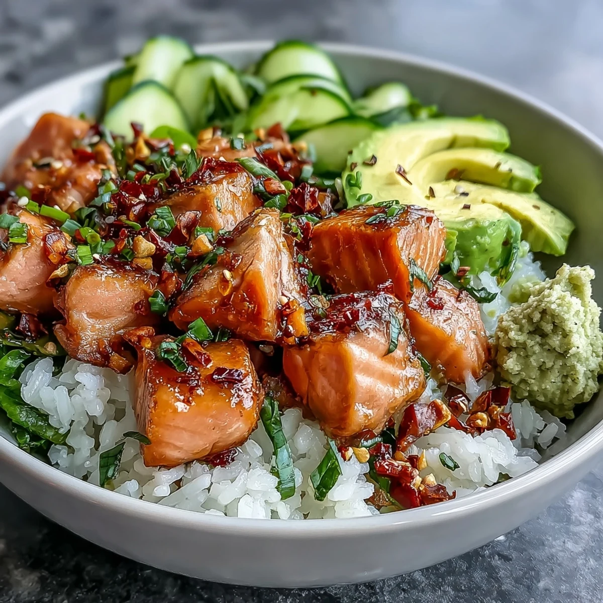 Assembled Avocado Salmon Bowl drizzled with chili oil, lime wedges, and nori strips, ready to serve.