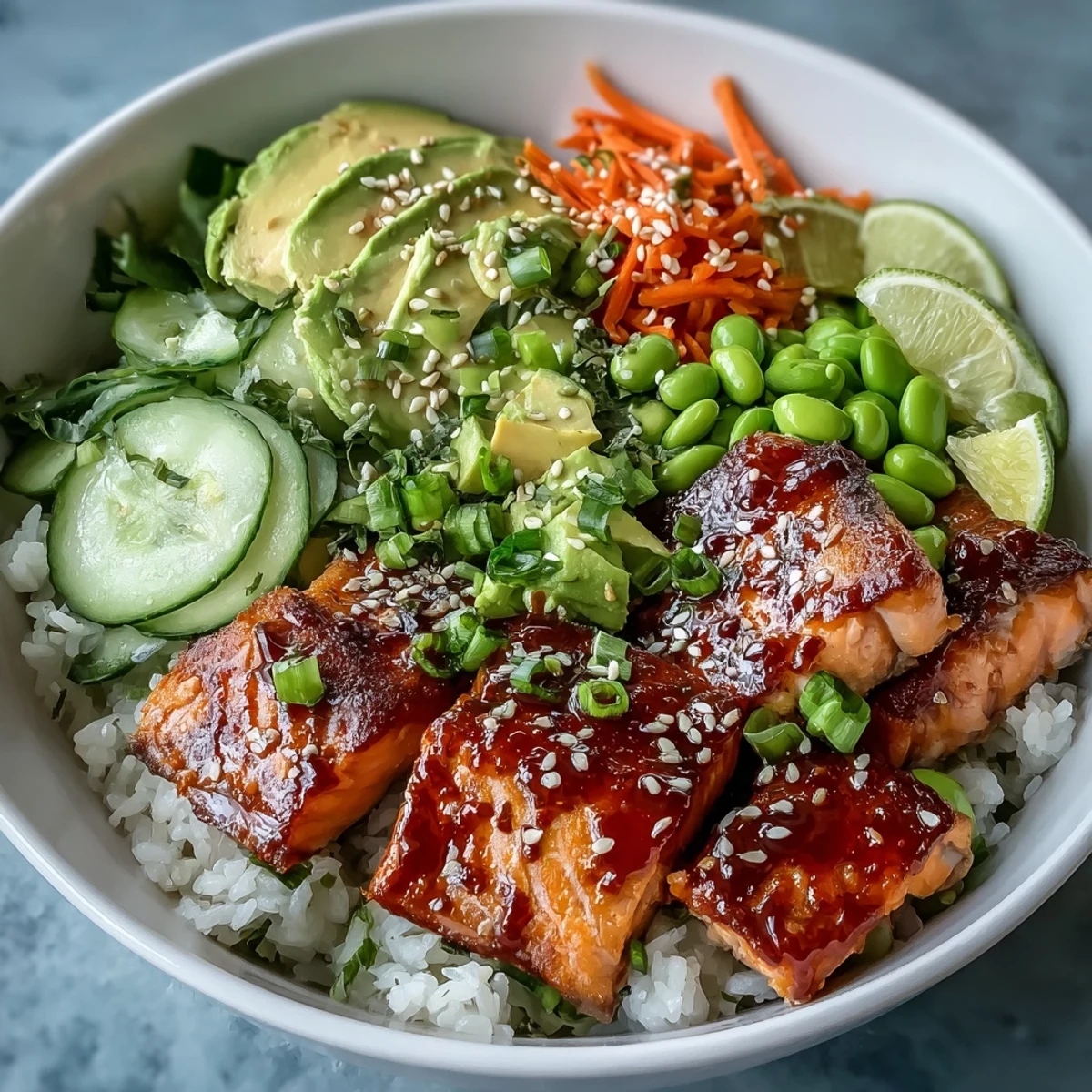Flaky broiled salmon cubes, fluffy steamed rice, and crisp veggies fill this Baked Salmon Rice Bowl, drizzled with spicy mayo and sprinkled with sesame seeds for a healthy, vibrant dinner.