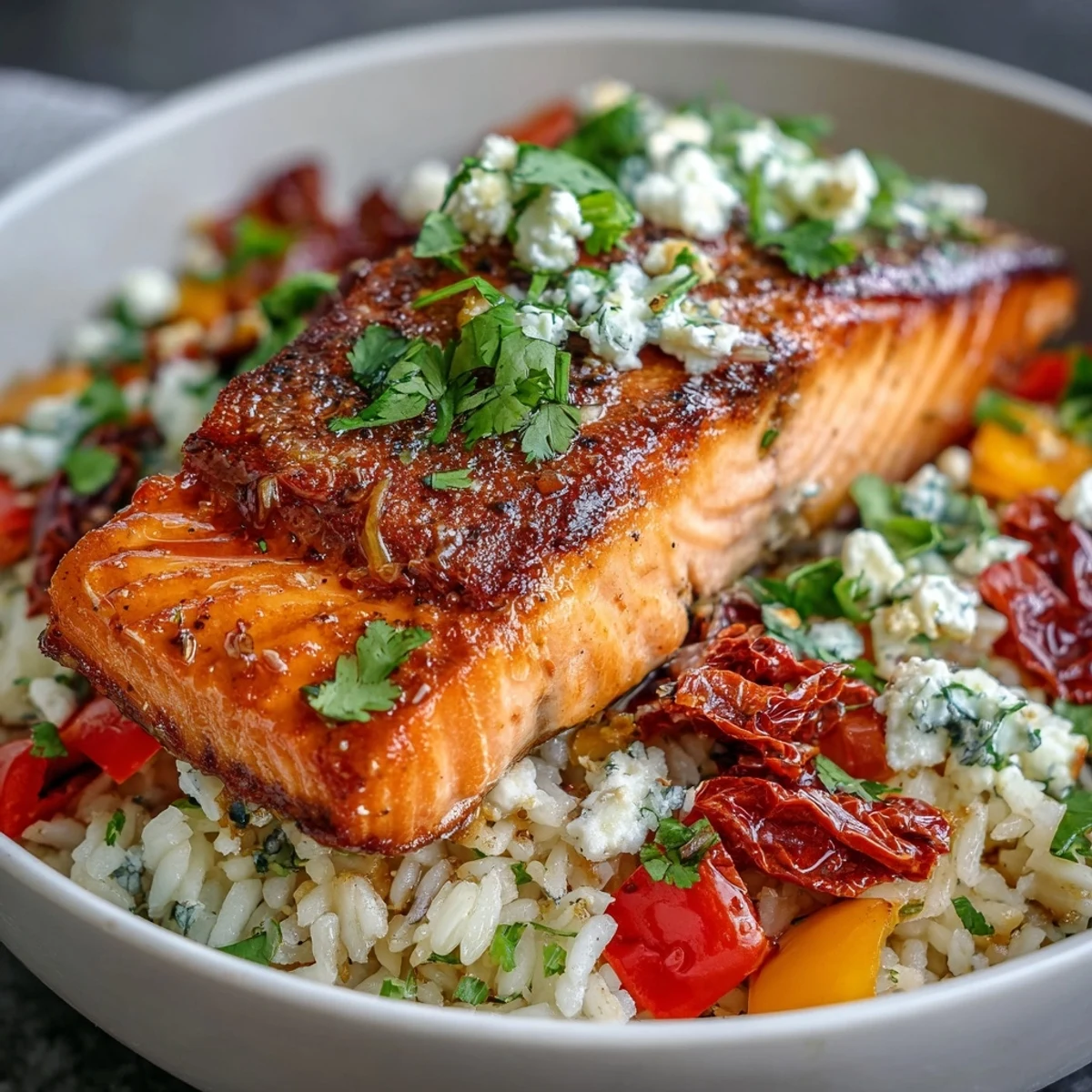 Golden, crispy skin on pan-seared Mediterranean Salmon Bowl topped with colorful peppers and feta.
