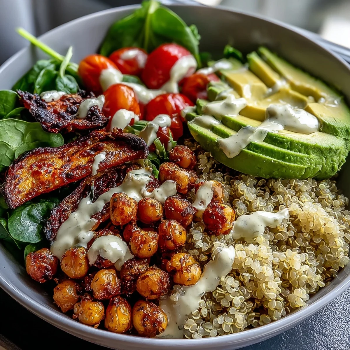 Colorful vegan Buddha Bowl loaded with fluffy quinoa, avocado, and greens for lunch.