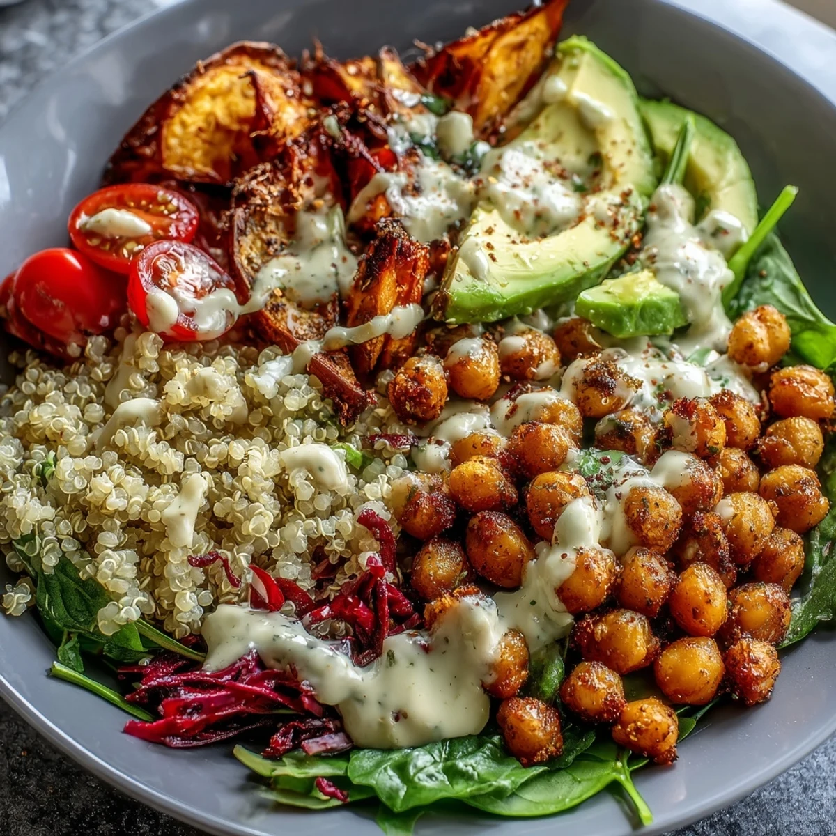 Hearty Buddha Bowl with sliced cucumbers, cherry tomatoes, and creamy garlic tahini dressing.