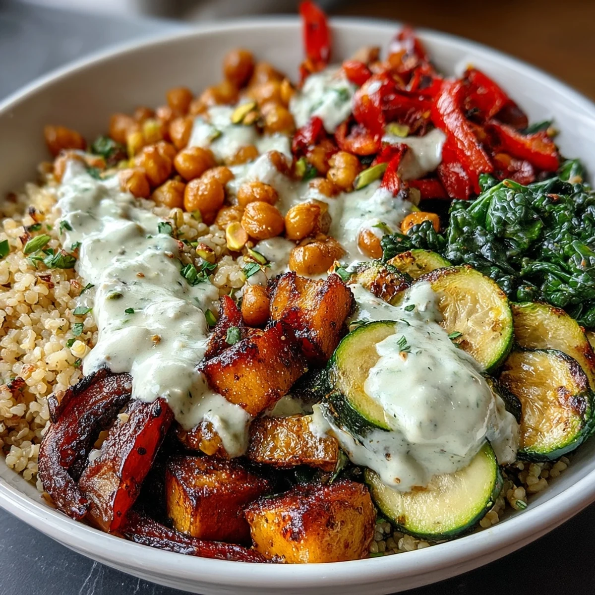 A vibrant Mediterranean Buddha Bowl Meal Prep with roasted eggplant and zucchini alongside creamy tahini dressing.