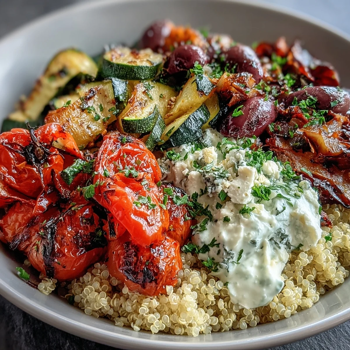 A vibrant Mediterranean Buddha Bowl with fluffy quinoa, roasted veggies, chickpeas, olives, hummus, feta, and fresh parsley, served with lemon wedges.