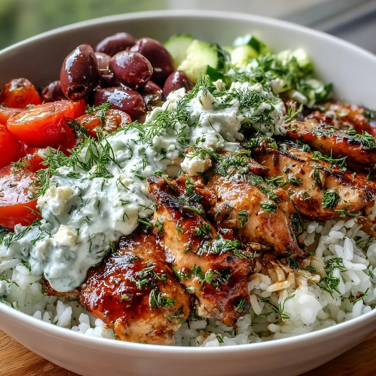A close-up of the colorful Greek Chicken Bowl reveals glossy tzatziki drizzled over juicy chicken, ruby tomatoes, crunchy cucumbers, and dark Kalamata olives on fluffy herbed rice.