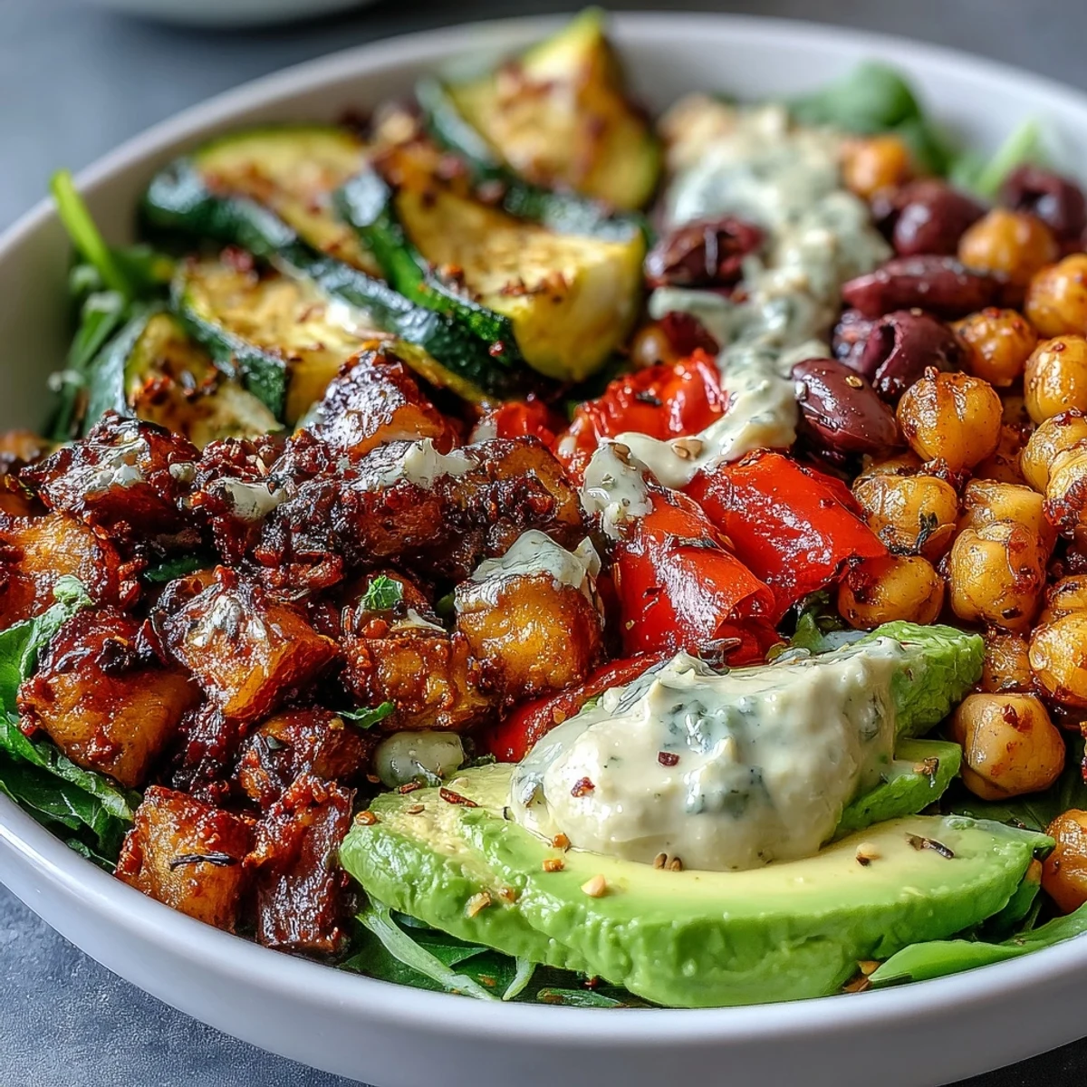 A close-up of a colorful Vegan Mediterranean Buddha Bowl filled with roasted vegetables, chickpeas, avocado, and olives, drizzled with creamy tahini dressing.  
