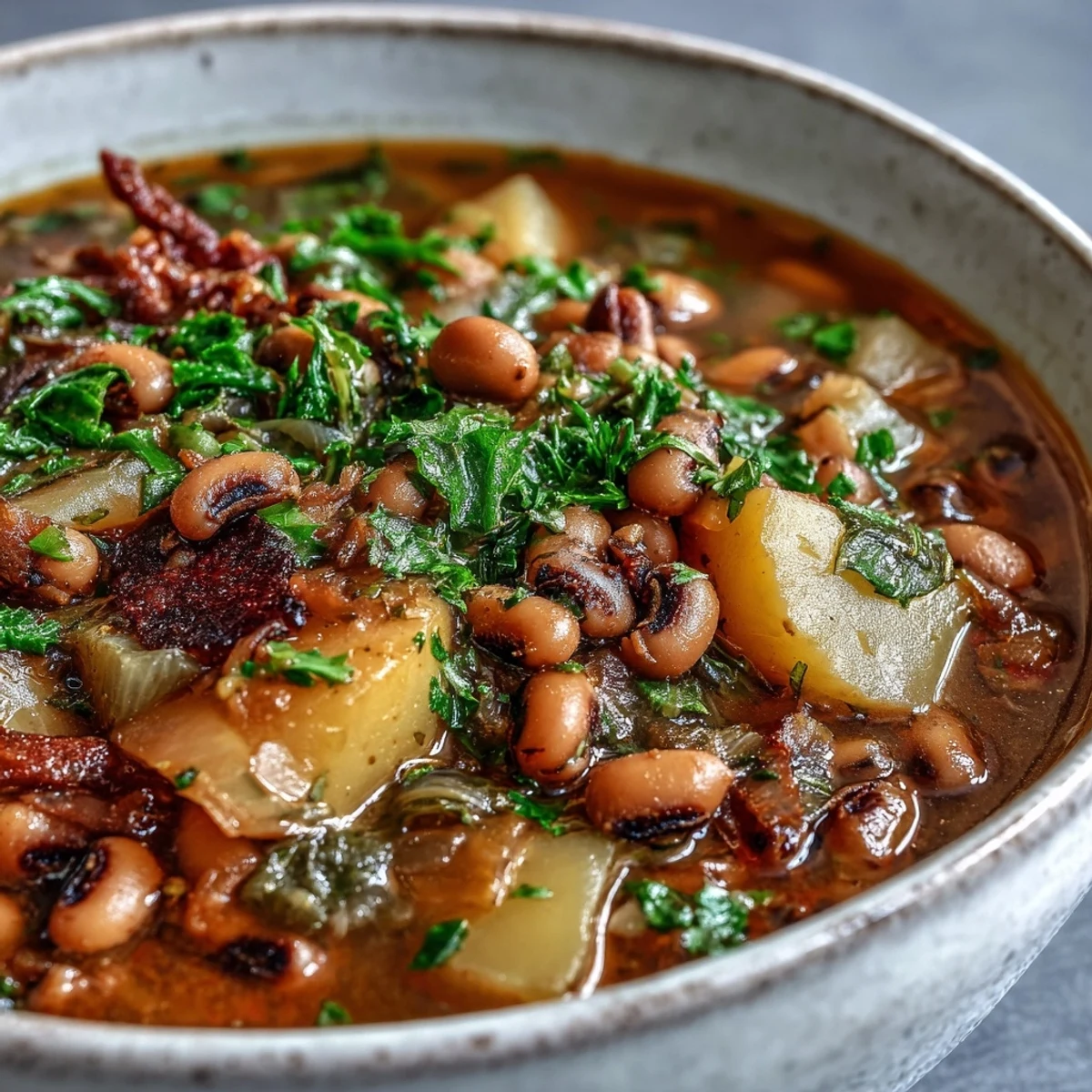 A steaming bowl of Black-Eyed Pea Stew with Chefs Touch, garnished with fresh parsley. Served alongside golden cornbread for a comforting Southern-inspired meal.