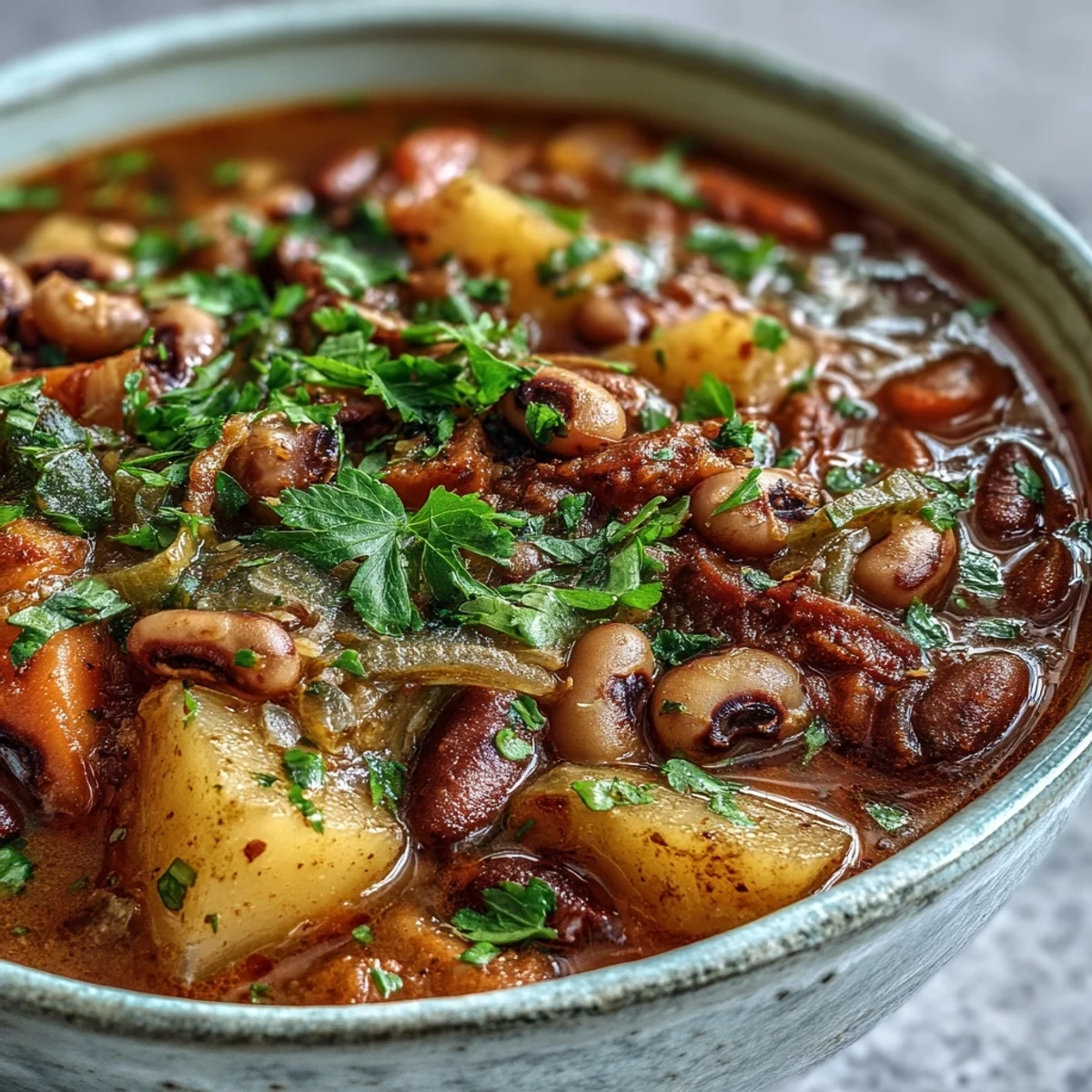 Diced vegetables and herbs simmer in a pot of Black-Eyed Pea Stew with Chefs Touch, creating a savory vegetarian dinner.