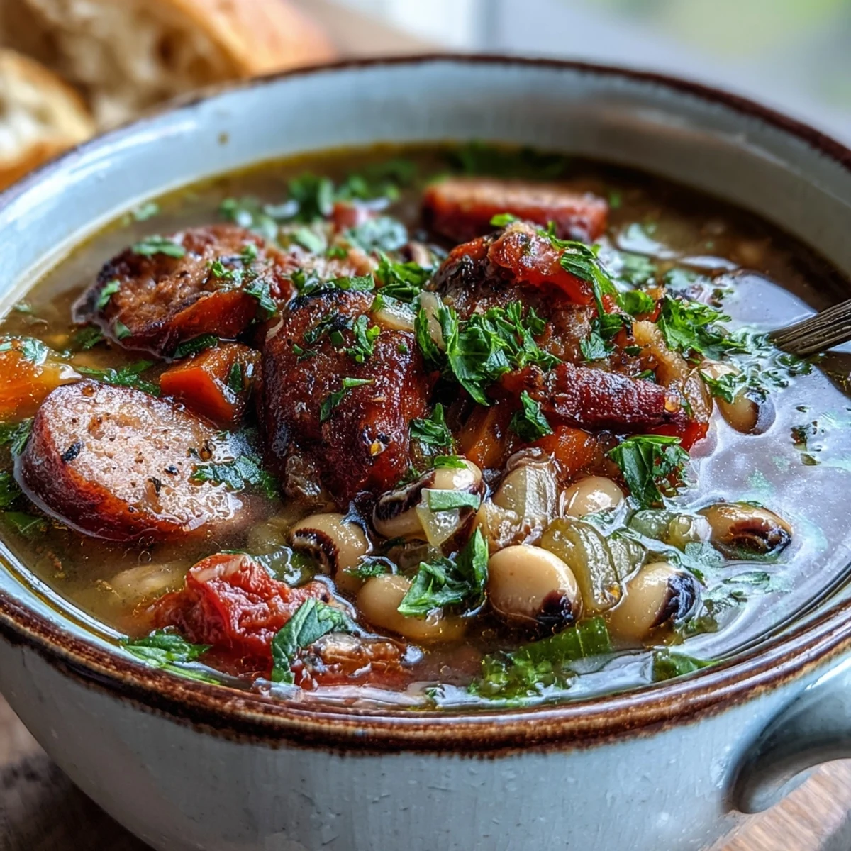 Close-up of Black-Eyed Peas and Sausage Soup with a ladle serving a bowl topped with fresh parsley.