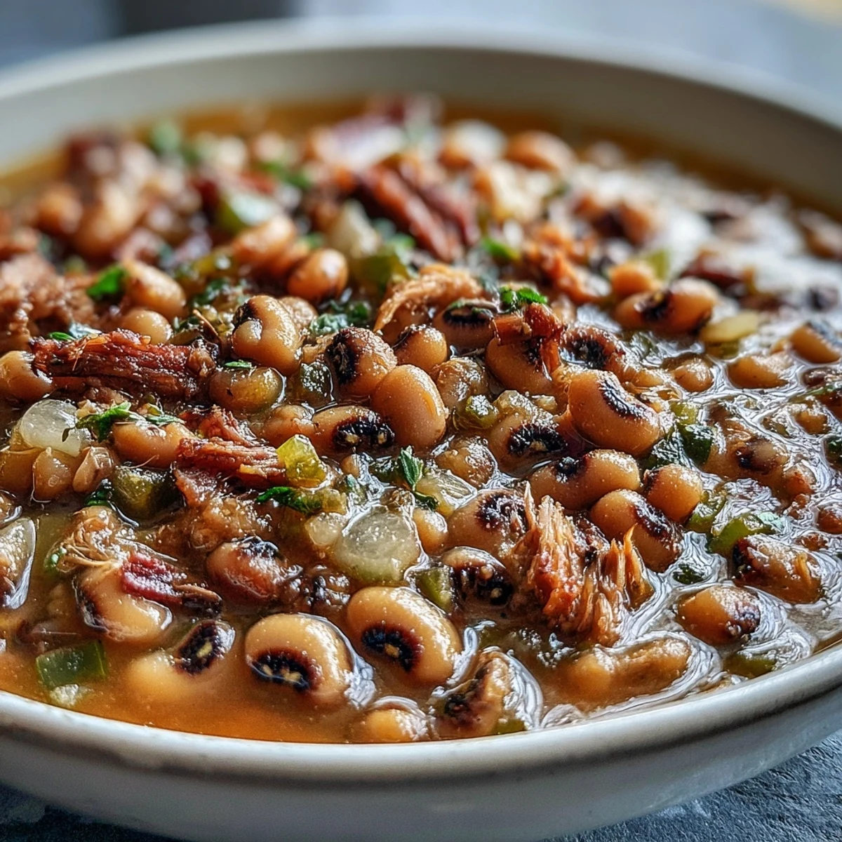Classic New Years Black-Eyed Peas simmered with smoked pork neck bones and Creole spices, served steaming in a rustic Dutch oven.