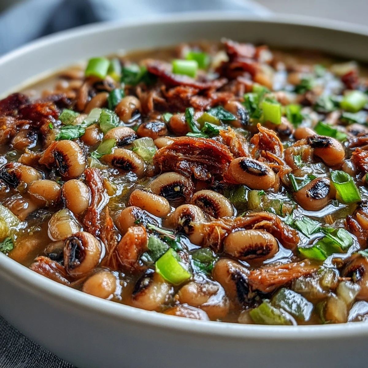 A hearty bowl of Classic New Years Black-Eyed Peas with shredded pork, paired with collard greens for a traditional Southern meal.