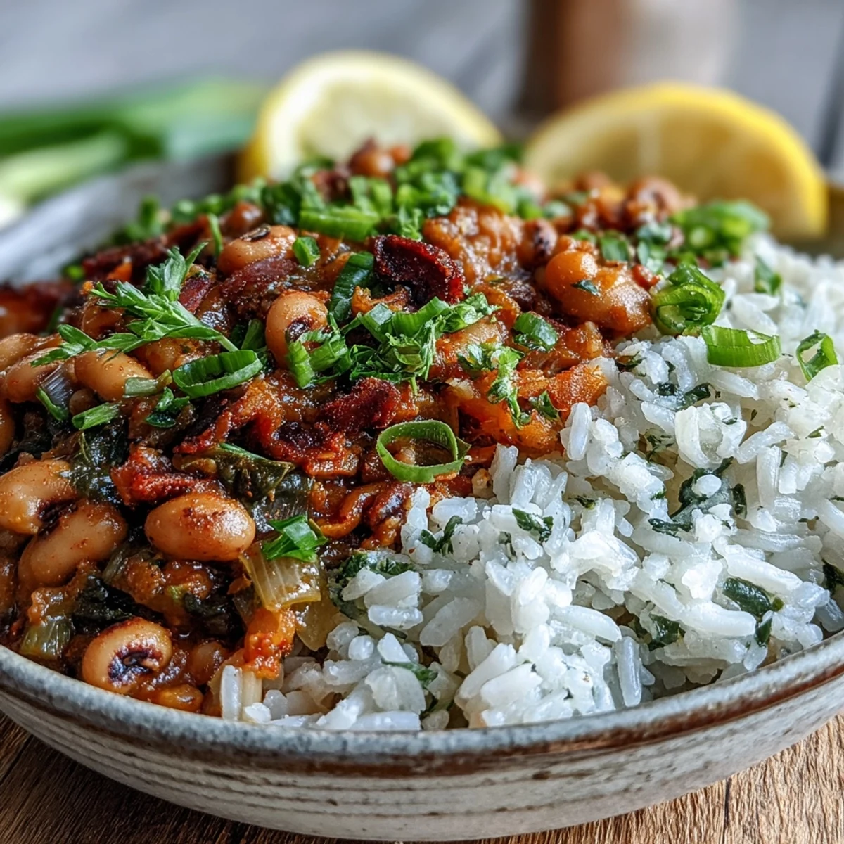 Hearty Vegetarian Hoppin John with black-eyed peas, fluffy white rice, and fresh green onions, garnished with vibrant parsley.