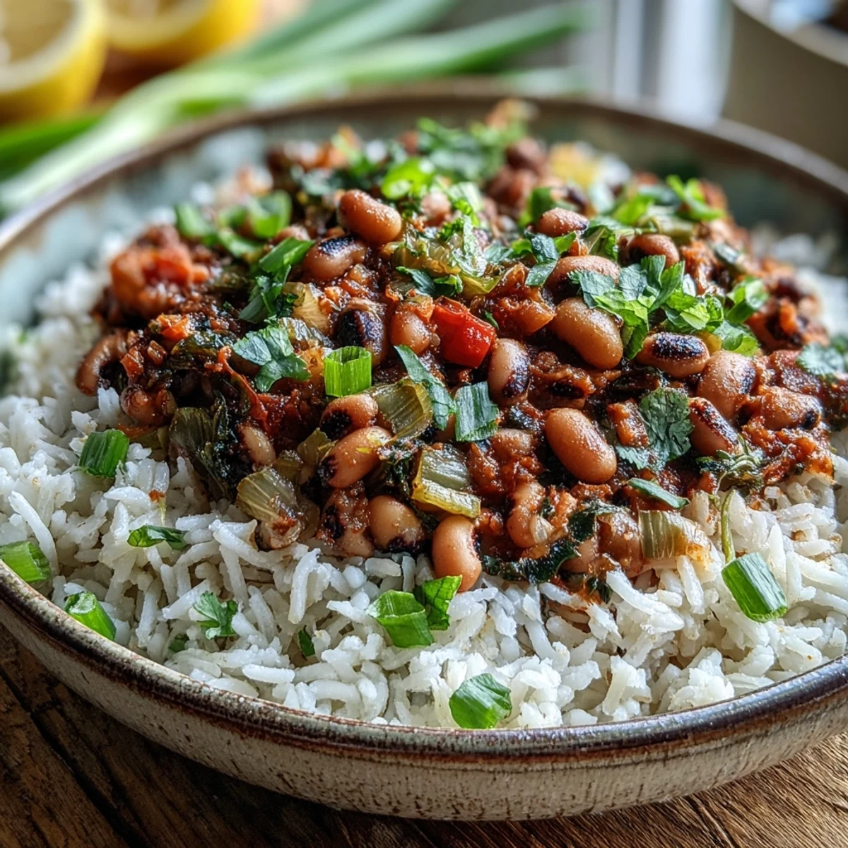 A steaming pot of Vegetarian Hoppin John showcases smoky black-eyed peas, diced vegetables, and savory seasonings, ready to serve over rice.