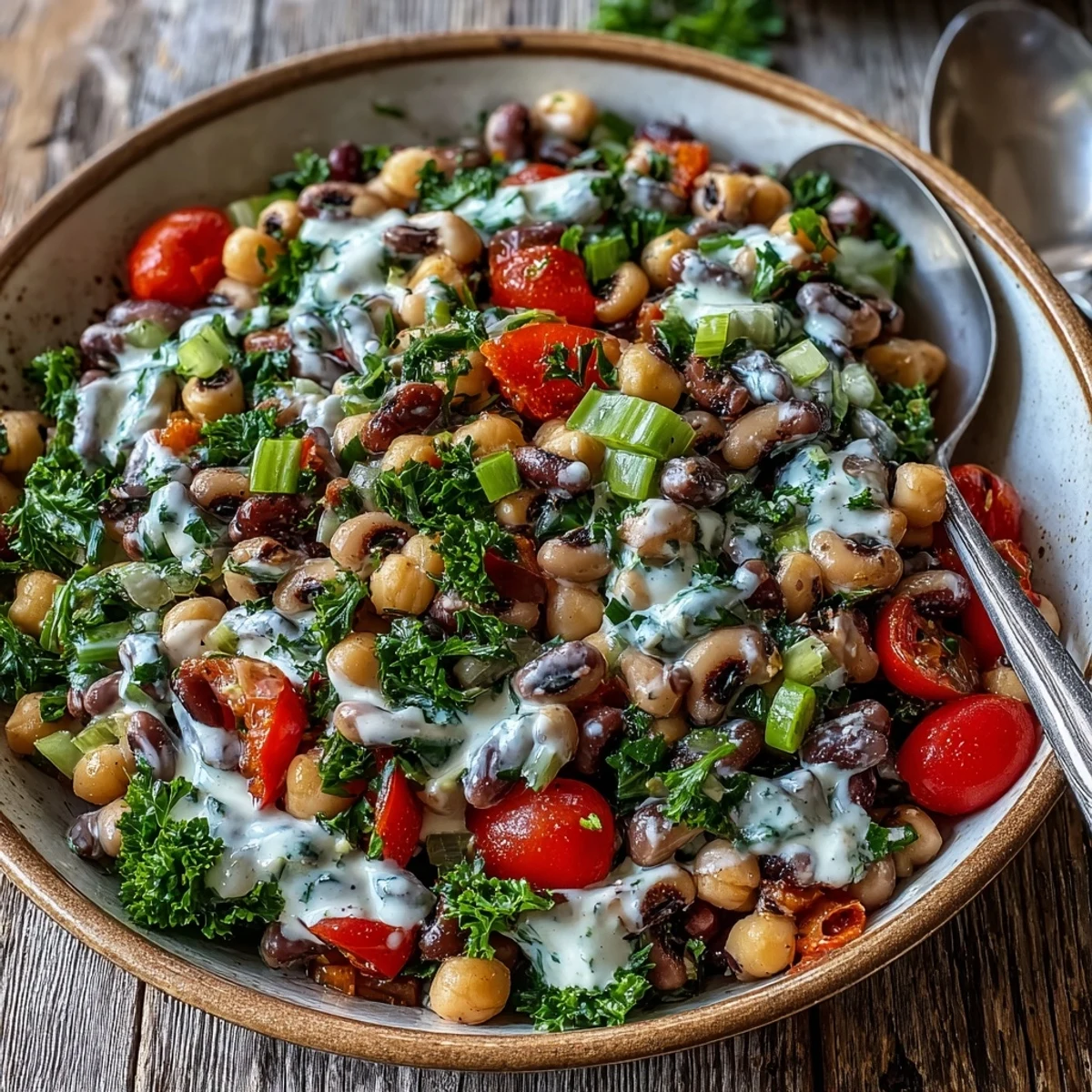 Fresh New Years Hoppin John Salad in a white bowl, featuring black-eyed peas and chickpeas with colorful diced vegetables tossed in a creamy tahini dressing.