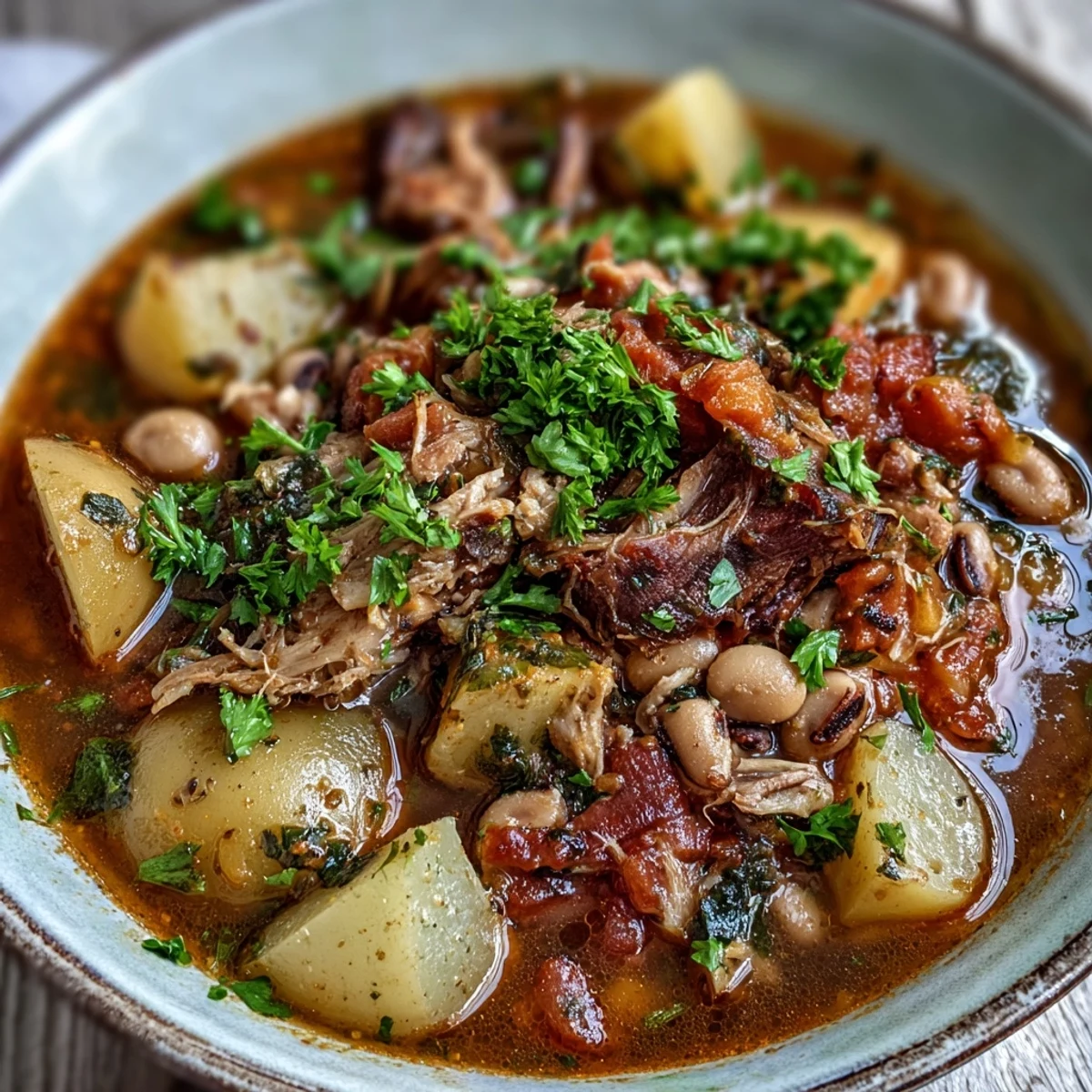 A close-up of Black-Eyed Pea Stew with Smoked Ham Hocks in a rustic bowl, garnished with fresh parsley and a side of cornbread. Rich, savory broth with tender ham pieces.