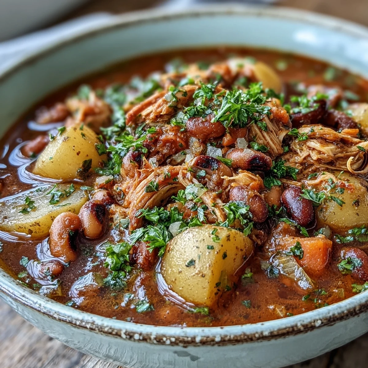Hearty Black-Eyed Pea Stew with Smoked Ham Hocks simmering in a Dutch oven, releasing aromatic steam. A wholesome Southern meal, perfect for cold weather.