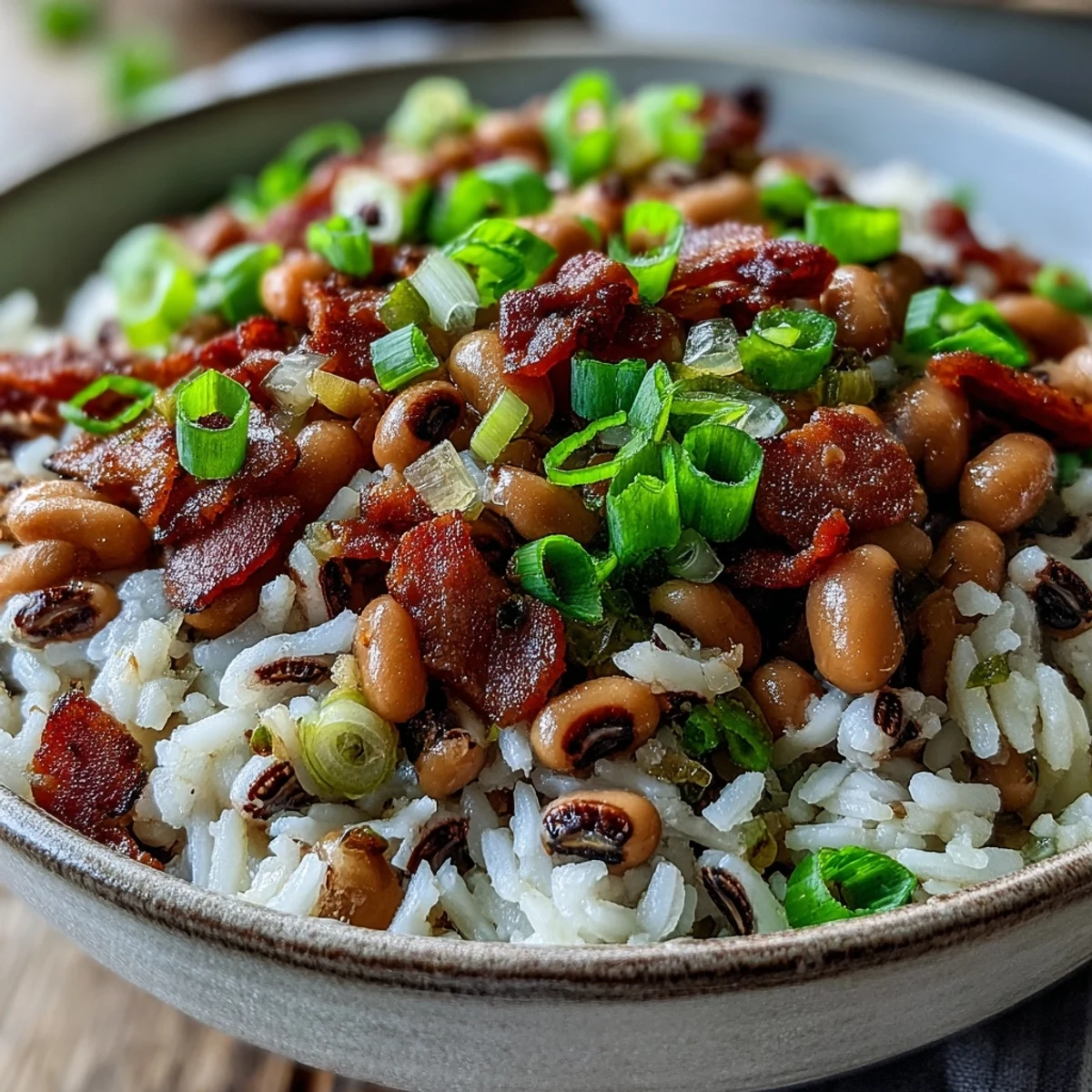 Golden Hoppin John with smoky bacon and fluffy white rice, topped with crisp bacon bits and sliced green onions.