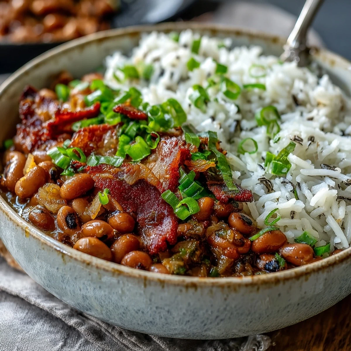 Steaming Hoppin John served in a rustic bowl with black-eyed peas, sautéed aromatics, and a dash of hot sauce.